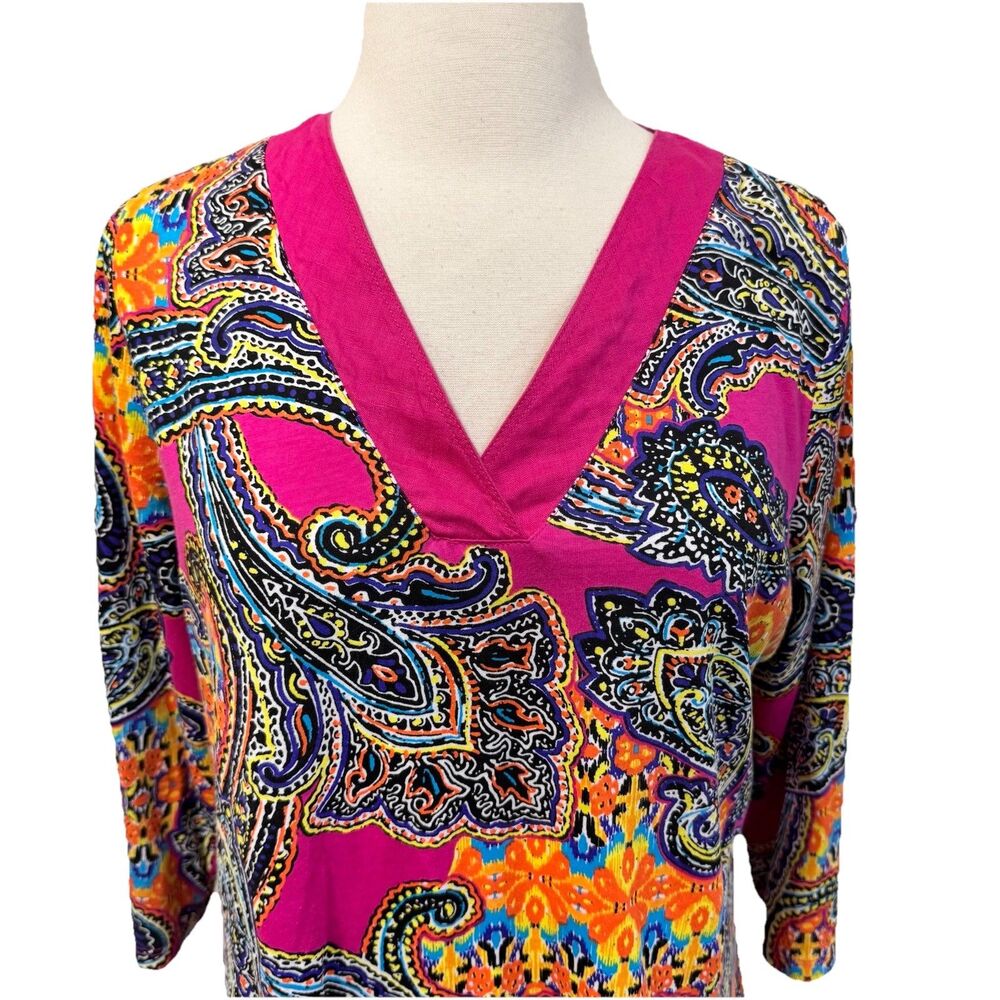 Lauren Ralph Lauren Womens Large Paisley Shirt Pink Linen Boho Luxury Resort - Picture 2 of 7